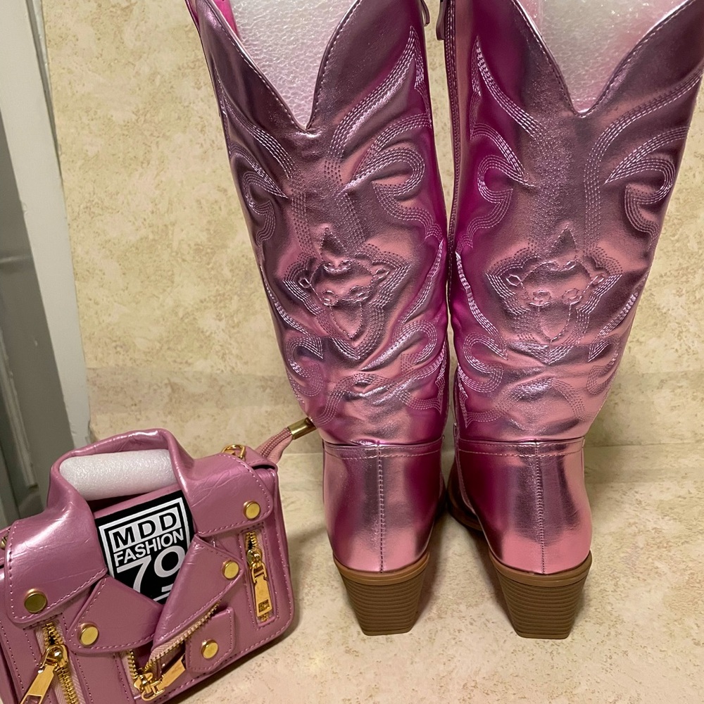 Texas pink metallic cowgirl boots with matching  bag